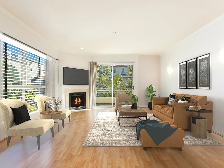 Living area, fireplace and balcony, virtually staged