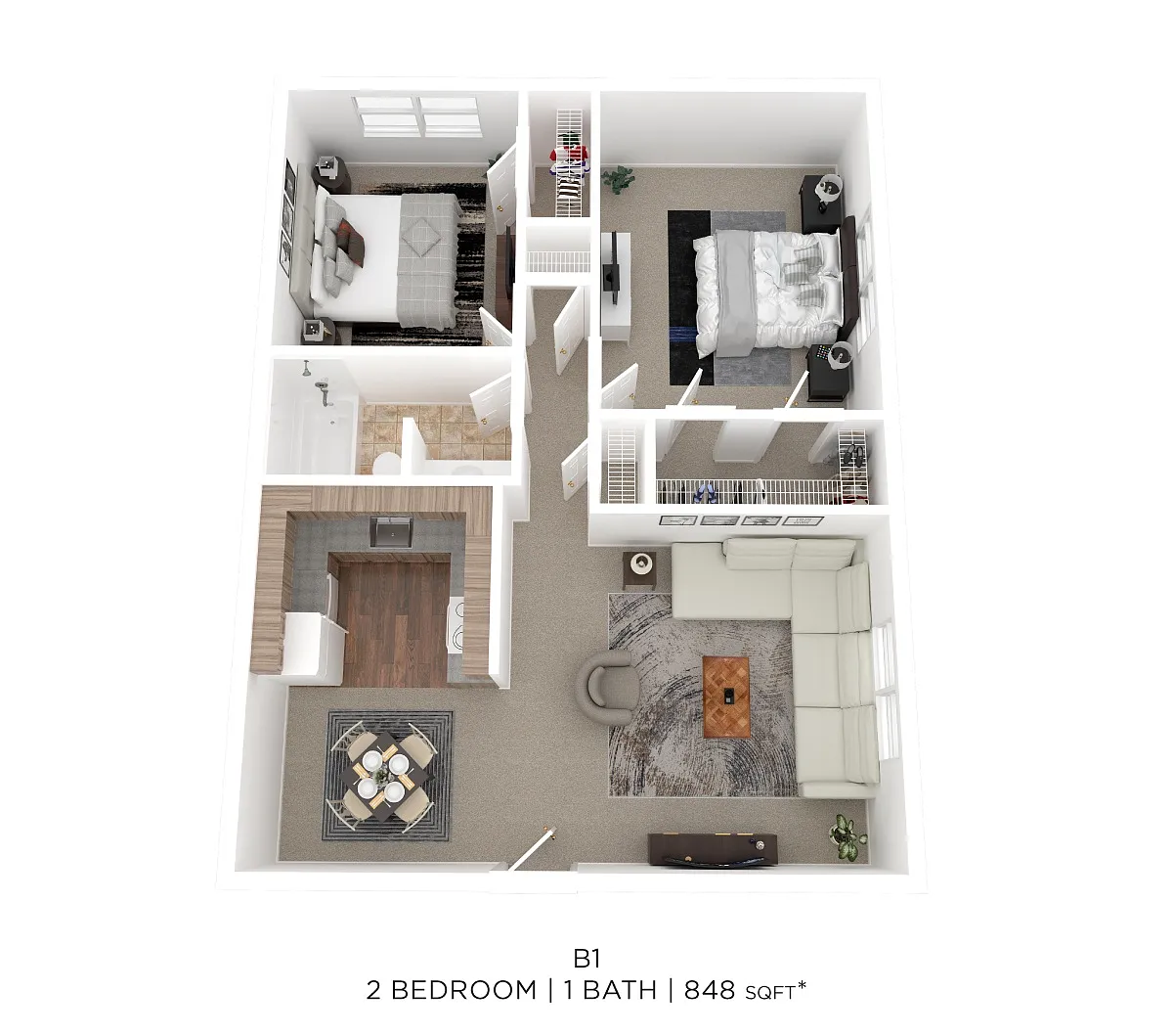 Floor plan Two Bed One Bath 848 Sqft