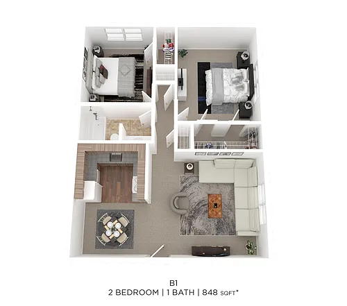 Floor plan Two Bed One Bath 848 Sqft