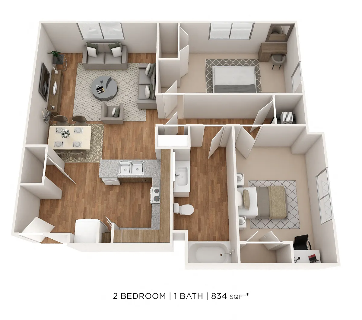 Floor plan Two Bedroom- 834 sqft