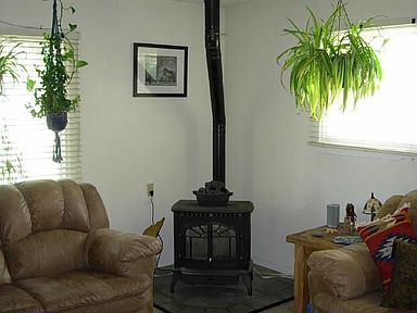 Pellet stove on tiled platform in living room