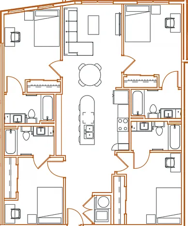 D2 Floor Plan - 4 Bedroom, 4 Bath | 4 Residents D2 Floor Plan - 4 Bedroom, 4 Bath | 4 Residents