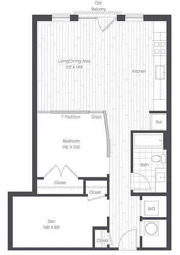 Floor plan 1 Bed/1 Bath Den-1L