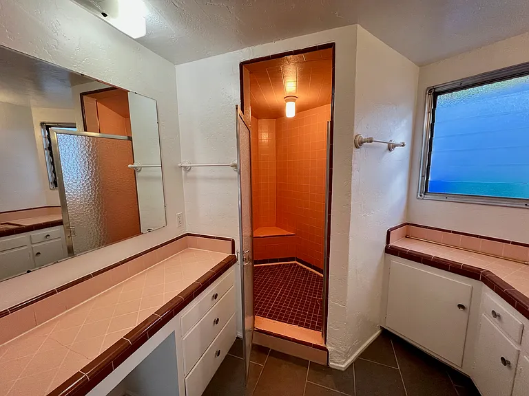 Spacious bath, large walk-in shower, vanity with lots of light, storage, & tile floor