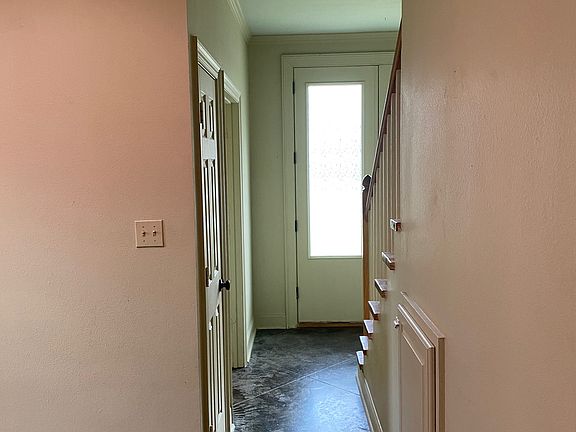 Downstairs hallway with coat closet on left & under stairwell storage on right