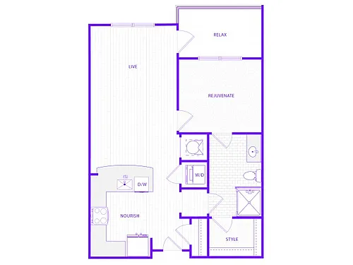 Floor plan One Bedroom One Bath (784 SF)