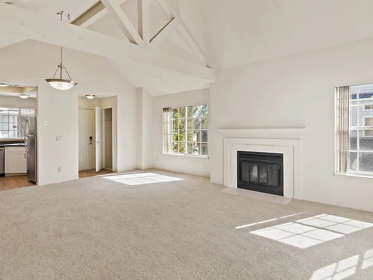 Carpeted Living Room with Fireplace and Patio