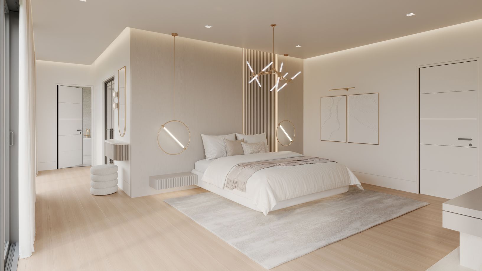 An open, flowing layout with custom closets, enhances both privacy and presence.