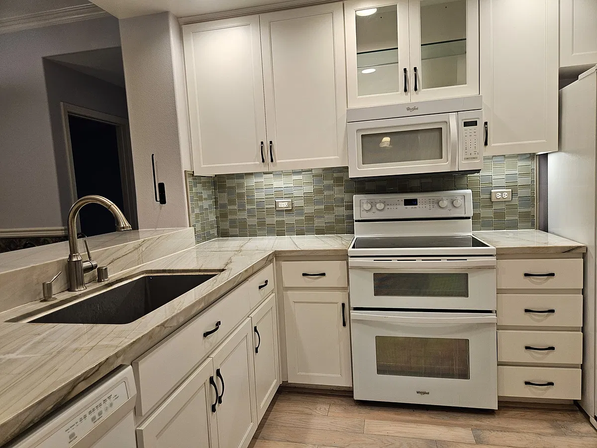 Kitchen. Quartz countertops, full backsplash, shaker cabinets, microwave, double electric oven, freezer/fridge, dishwasher, and garbage disposal.