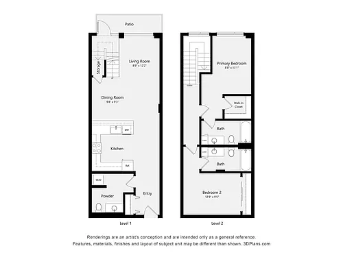 Floor plan Urban Two Bed Two 1/2 Bath 1