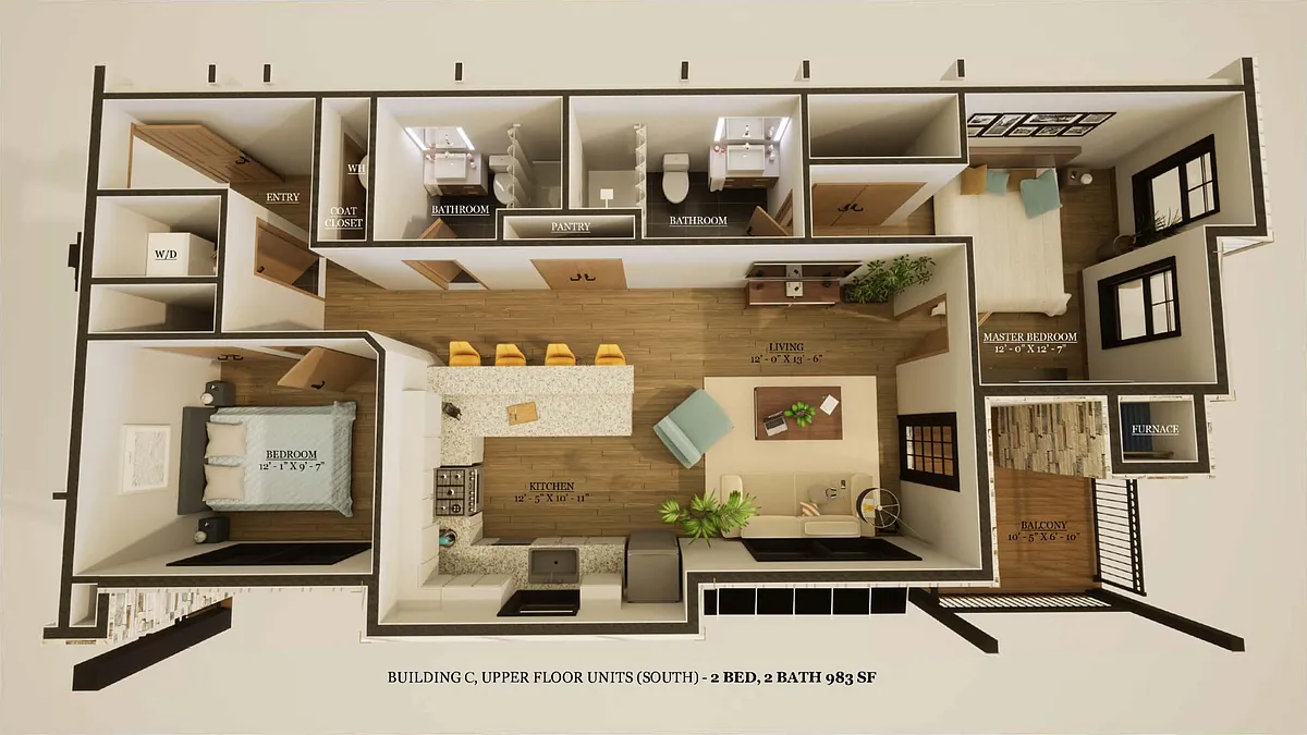Floor plan 3C - 2 Bedroom South - 2nd and 3rd floor