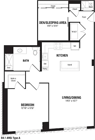 Floor plan 1 Bedroom+ Den, 1 Bath 976 SF B41