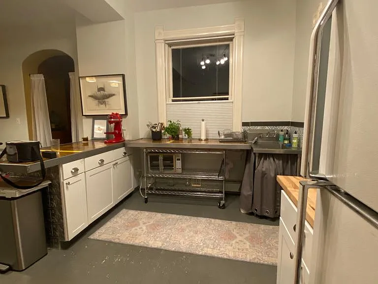 Kitchen area with railroad train floor tabletops