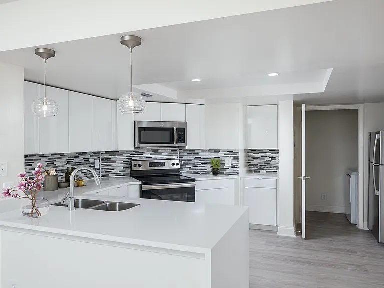 Modern kitchen with stainless steel appliances, granite countertops and designer cabinets