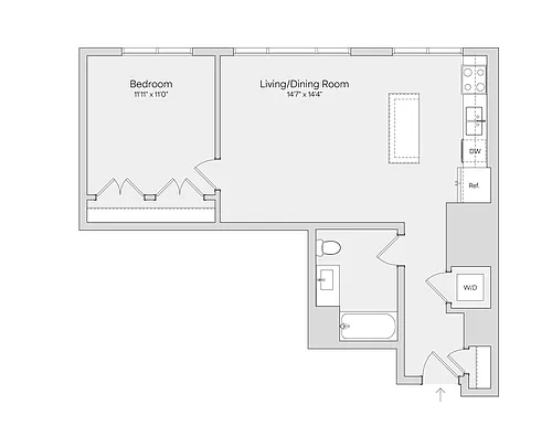 Floor plan 1BR 1BA (728 SF)