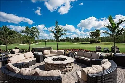Fire pit and out door seating overlooking the 18th fairway.