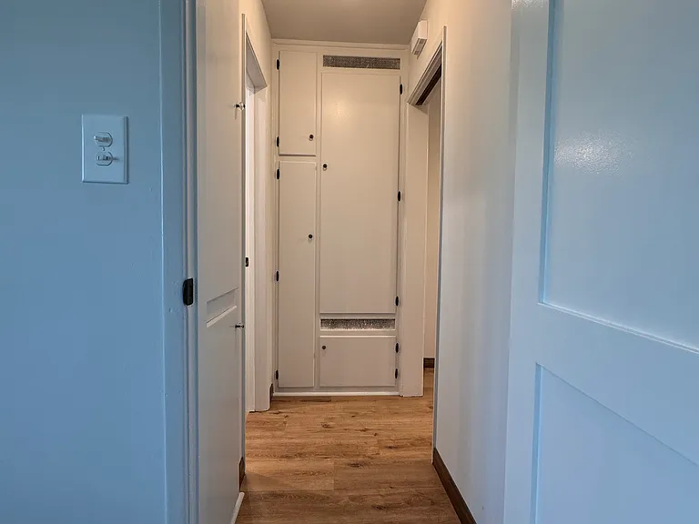 Hallway with plank flooring and custom millwork