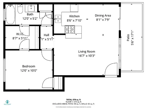 Floor plan 1 Bed 1 Bath w/ WI closet/private patio