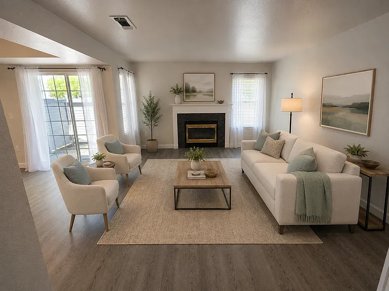 Spacious living room with luxury plank flooring, cozy fireplace, and sliding glass door leading to your private outdoor deck. (Photo has been virtually staged.)