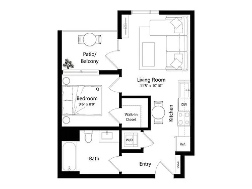 Floor plan 1Q - 1 Bed 1 Bath
