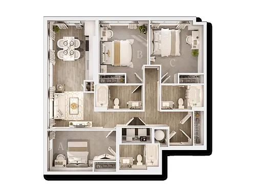 Floor plan Three Bedroom B - IU Bloomington 2027 - 2028