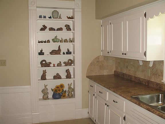 kitchen with vinntage built-in canning pantry