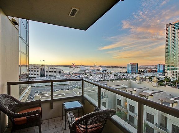 Bay views from balcony off living room and master bedroom