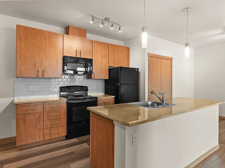 Modern kitchen with stylish wooden cabinets, granite countertops, and sleek black appliances. Modern kitchen with stylish wooden cabinets, granite countertops, and sleek black appliances.