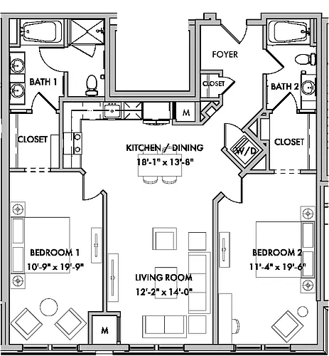 Floor plan Mansions 1 2 Bed/2 Bath-B3