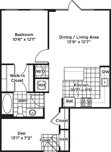 Floor plan 1 Bedroom 1 Bath +Den - AD4 Affordable 80%