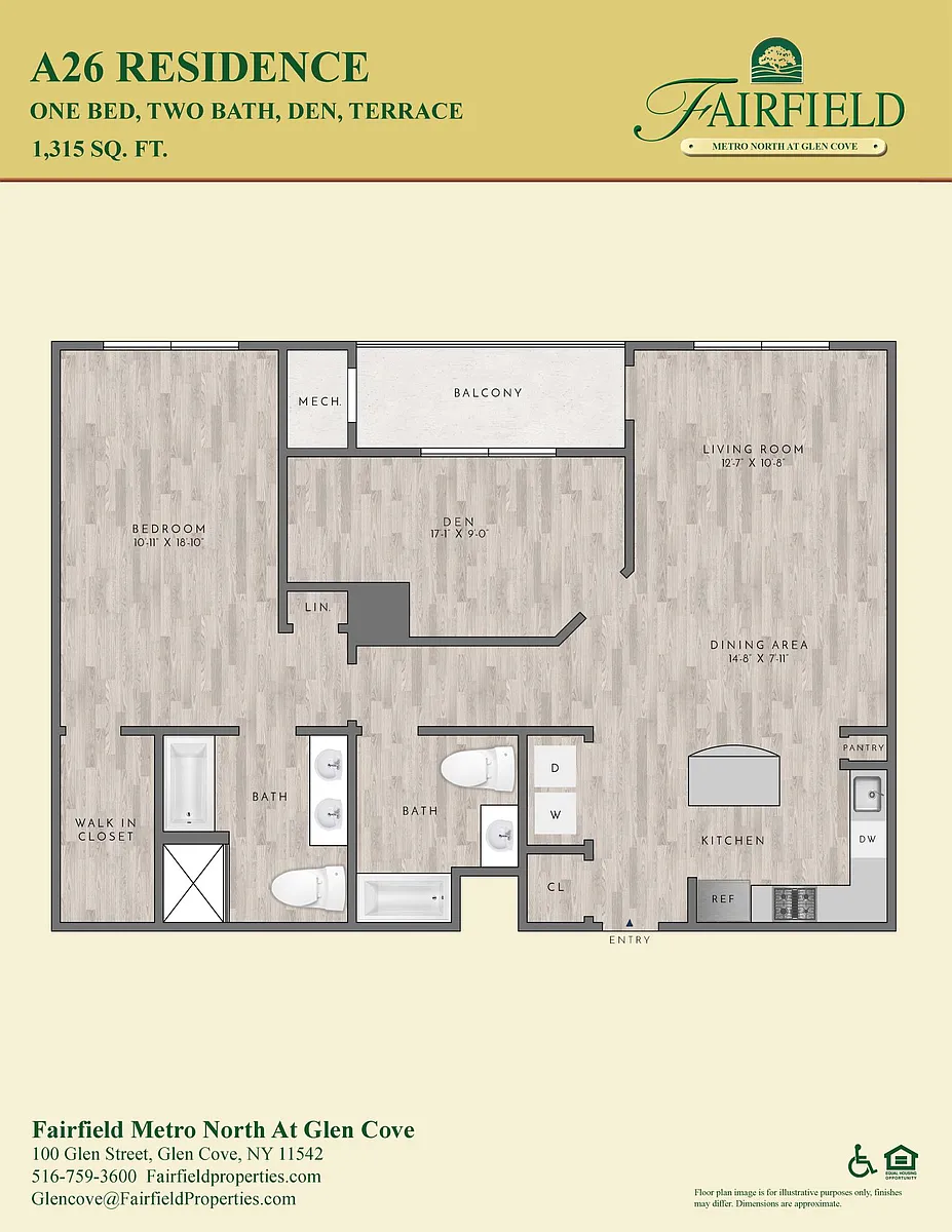 Floor plan A26 North FR 1 Bedroom|2 Bath/Den/Balcony