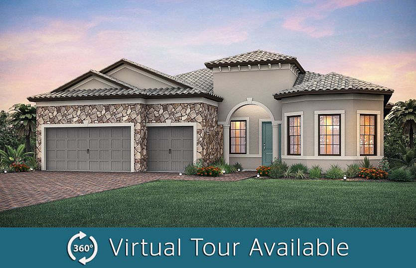 The Pinnacle, a one-story family home with a 3 car garage, shown with Home Exterior FM2B