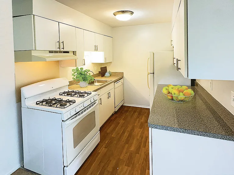 Light and bright kitchen with updated floors, granite countertops, sleek cabinets.