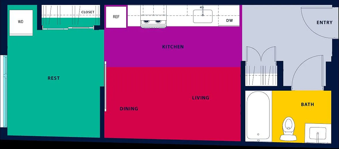 Floor plan Open 1 Bedroom with bathtub