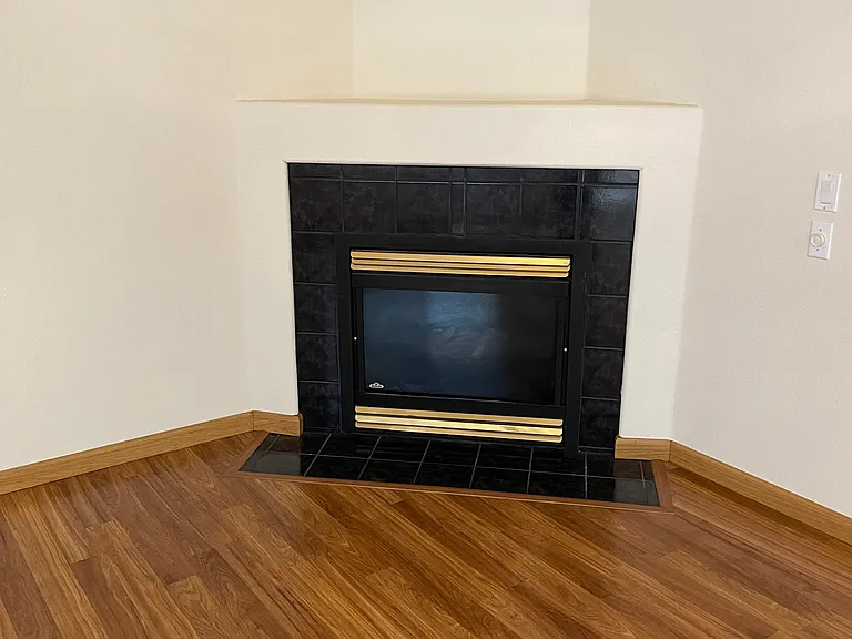 Downstairs family room with gas fire place.