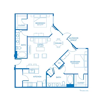 Floor plan B3 | 2 Bed | 2 Bath | 80