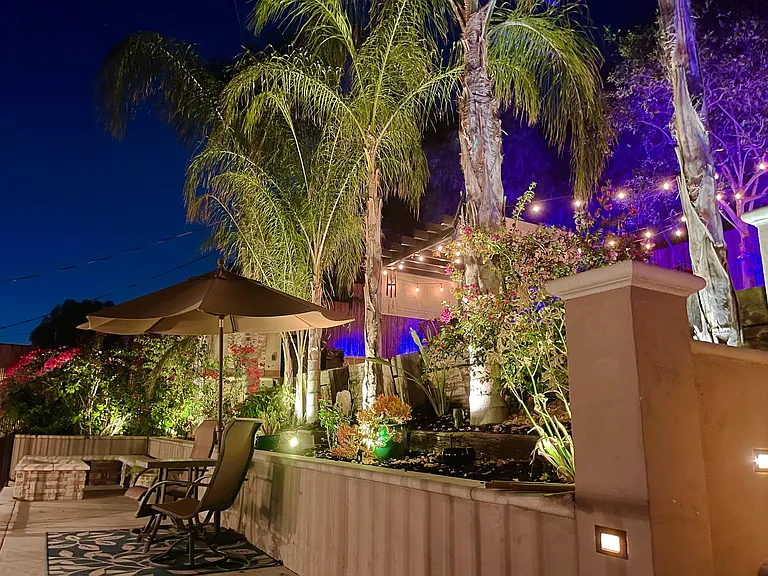 Private patio with 4 tiers and colored lights, new patio furniture, BBQ, fire pit