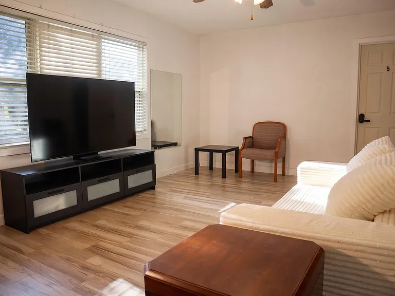 Living room with wide windows, laminate floors, and a TV console, plus seating and side tables for everyday lounging.