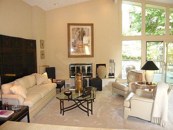 Living Room with Vaulted Ceiling and Wall of Glass