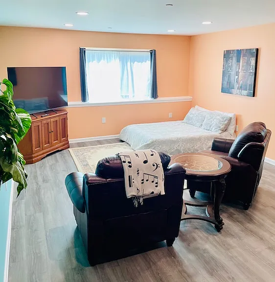 Alternate layout of living room to accommodate another bed.