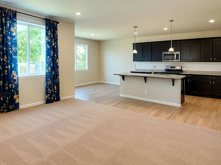 Open floor plan, connecting the living area, kitchen and breakfast nook
