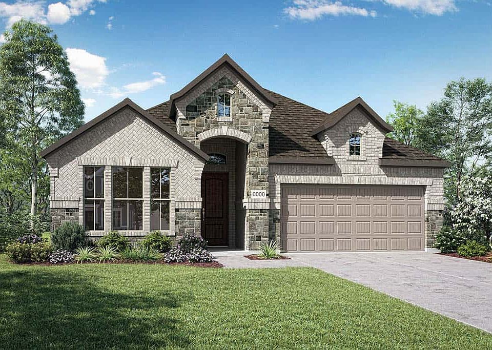 Elevation F is a single story cottage inspired home design with brick and stone and triple window fe