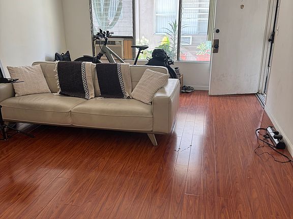 Large living room window with window AC. Lots of natural light.