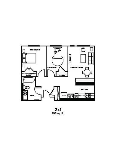 Floor plan 2BD, 1BTH A 60%