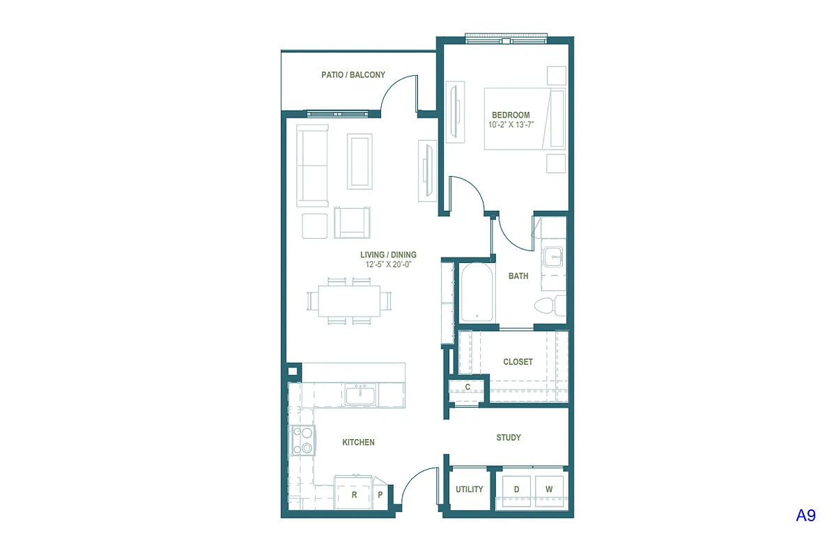 Floor plan A9 | 1 Bed | 1 Bath