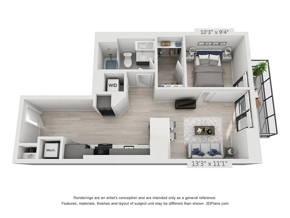 Floor plan One Bedroom One Bath Penthouse (652 SF)