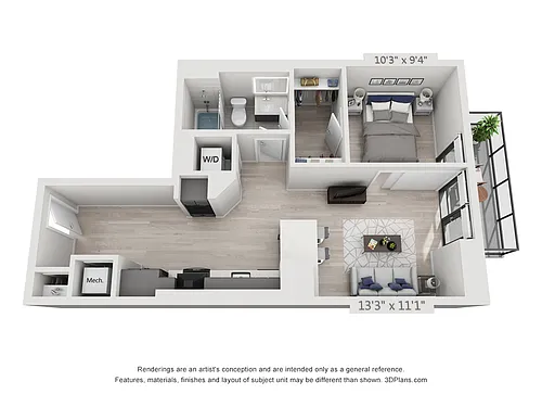 Floor plan One Bedroom One Bath Penthouse (652 SF)