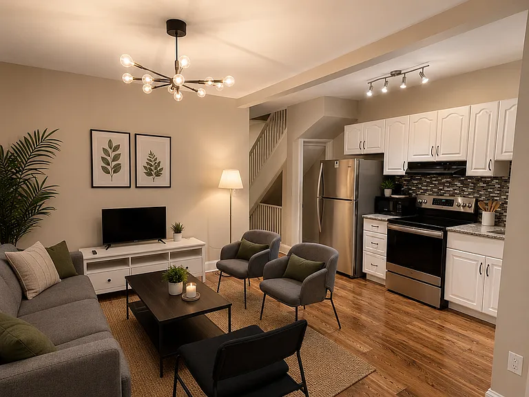 Enjoy the kitchen and living room that open to the back sunroom dining area and onto the large deck. Note, the left wall can be taken down (removing the main floor bedroom) for added communal living space.