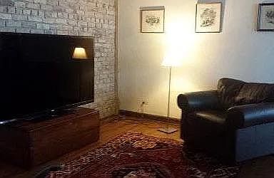 West and North walls of living room. West and South walls have exposed brick.