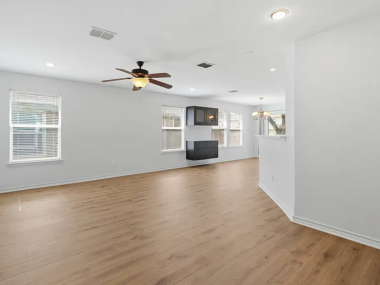 Living to dining w built in floating cabinet!